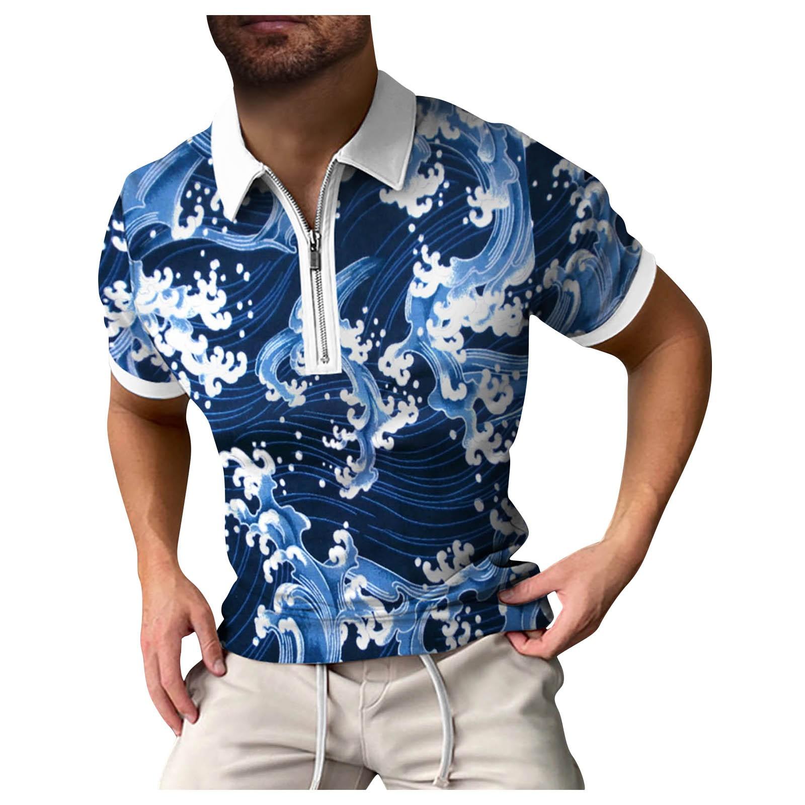 

Мужская летняя спортивная одежда, рубашка с коротким рукавом на молнии с лацканами, повседневные дышащие удобные топы для гольфа M тёмно-синий