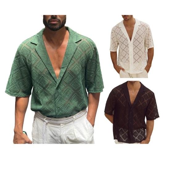 Men's Cuban Collar Shirt Casual Hollow Out Knitted Button Down Shirt