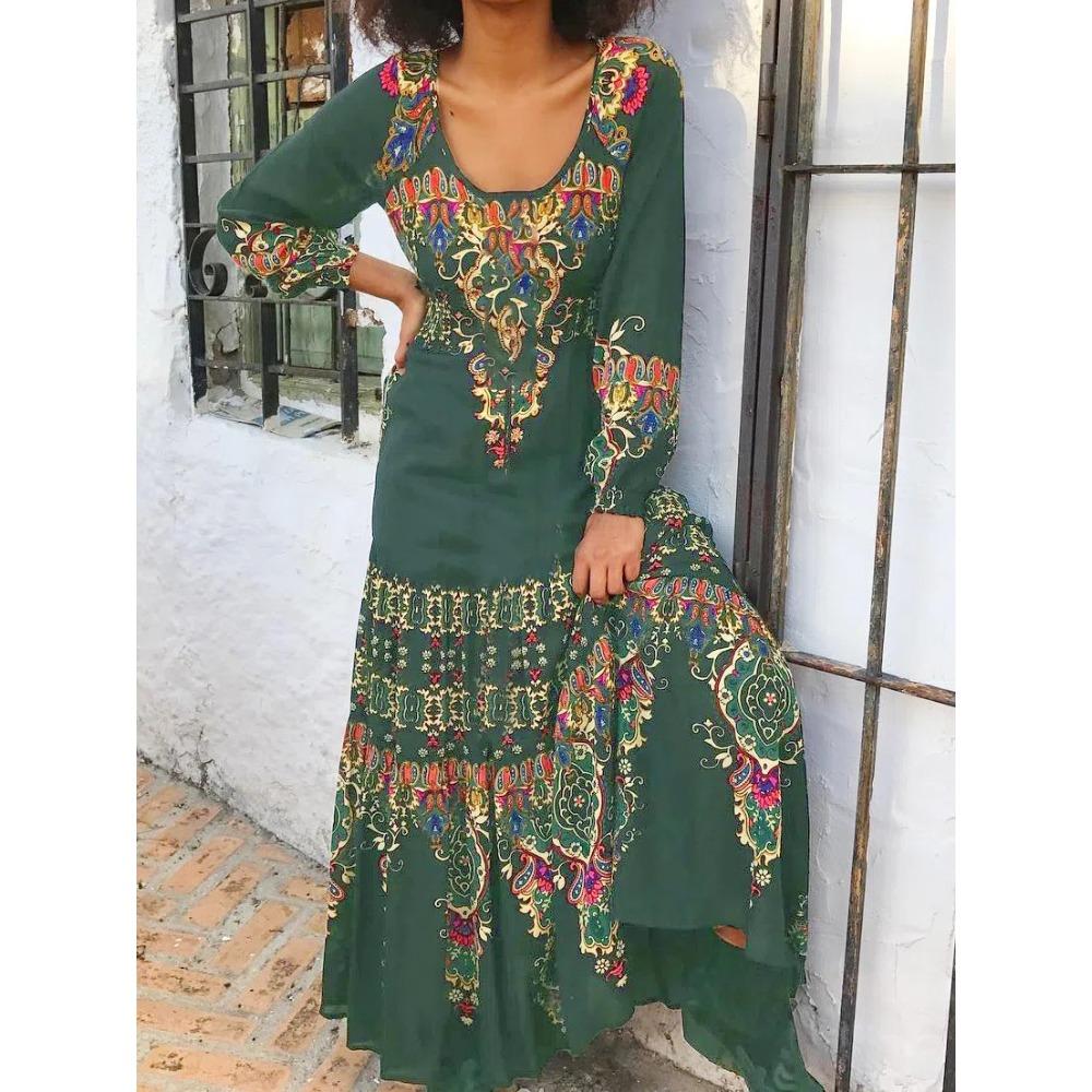 

Temperament elegant long-sleeved dress spring and autumn printing U-neck seaside vacation dress XXXL армія зелений колір
