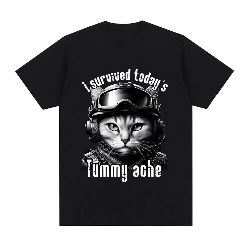 I Survived Today's Tummy Ache T-Shirt Funny Cat Meme Short Sleeve T Shirt Men Women Cotton Casual Oversized T Shirts Streetwear