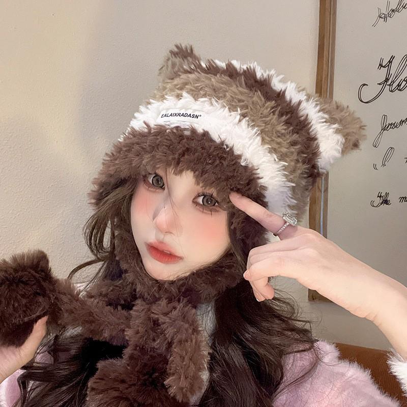 Cute cat ear warm hat autumn and winter new plush hat autumn and winter women's ear protection hat thickened to show the face small cold hat