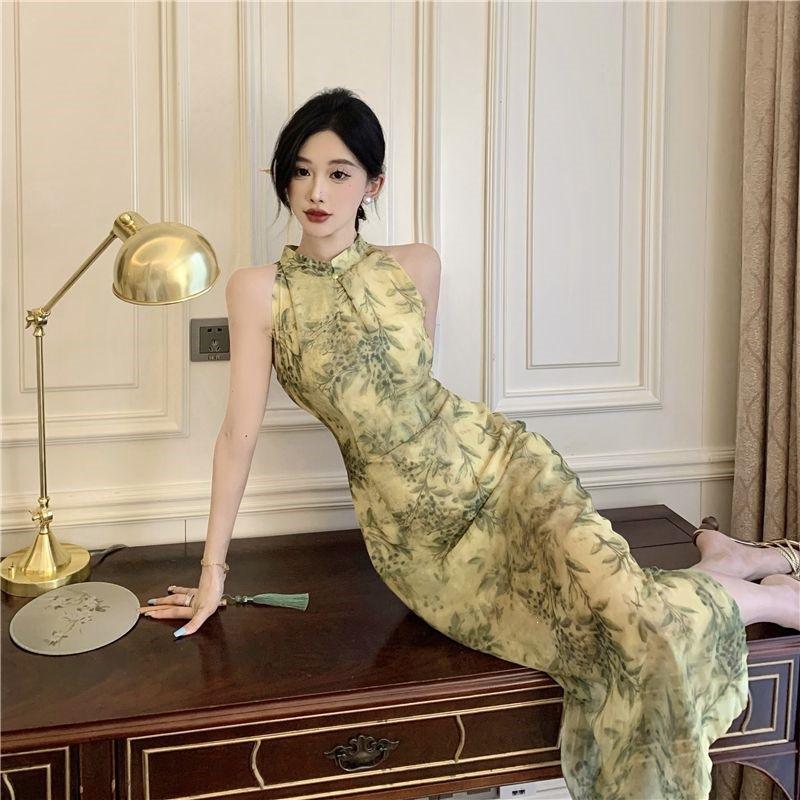 Temperament Elegant Hollow Open Shoulder Backless Floral Modified Cheongsam Dress Chinese Style Split Fork Waist Hip Wrap Dress