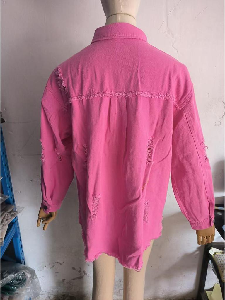 Women's Ripped Denim Jacket - Solid Color, Loose Fit, Long Sleeve, European & American Style