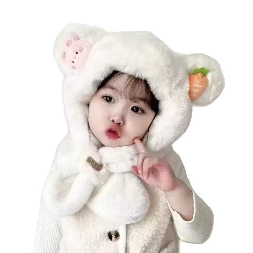 

Children s hats, scarves, all-in-one hats, winter velvet and thickened baby ear hats, windproof two-piece set for boys and girls