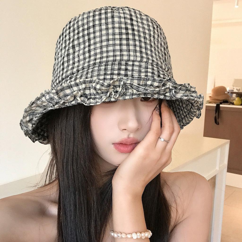 Retro plaid lace bucket hat women's spring summer travel versatile washbasin hat sunshade sunscreen hat