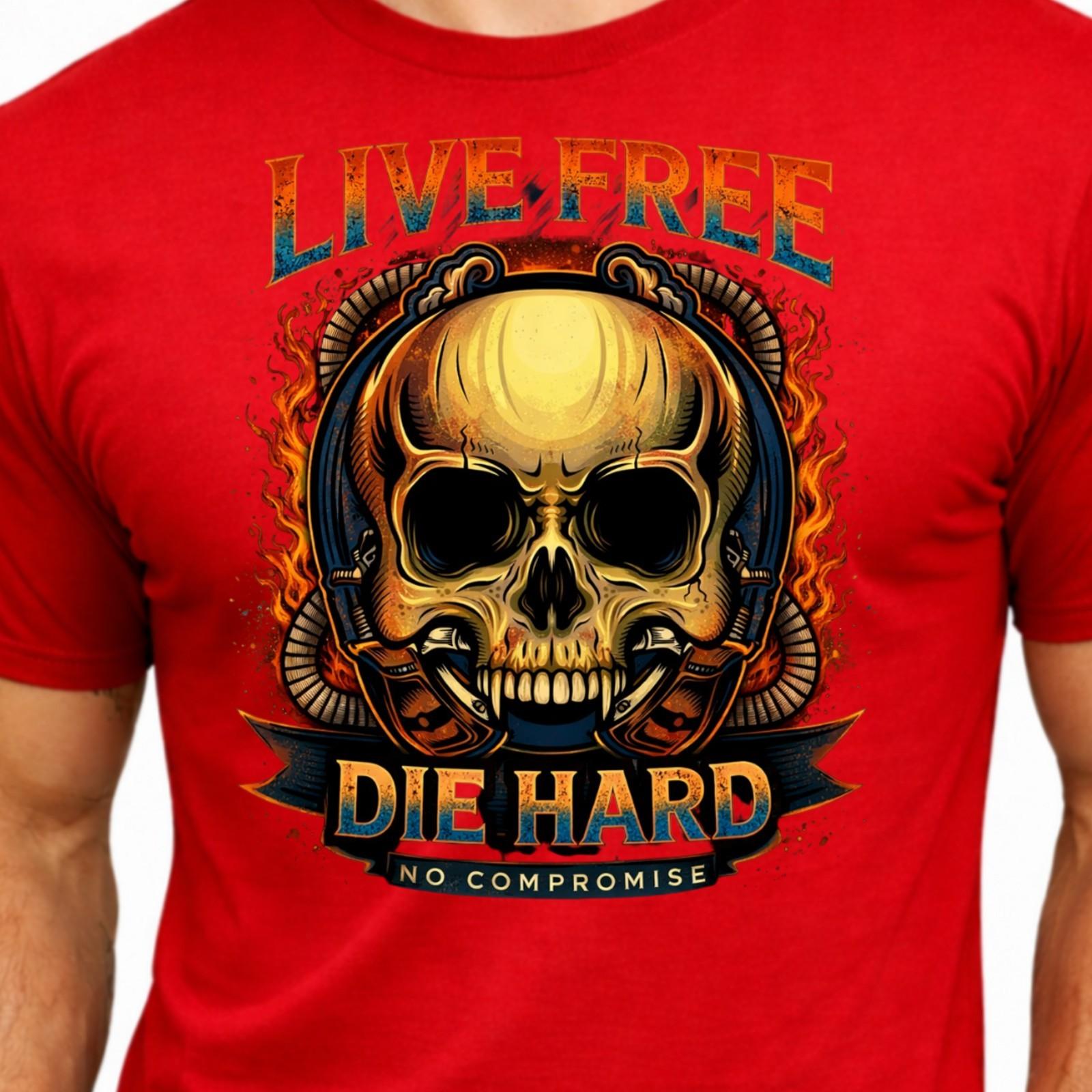 Live Free Die Hard No Compromise Flaming Skull Biker Vintage Graphic T-Shirt. XL