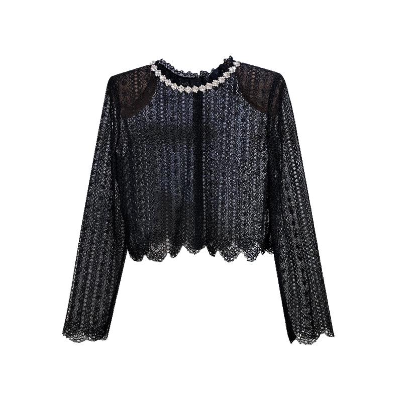 Qianjin Feng Black French Socialite Hand-Embroidered Rhinestone Lace Top & Pleated Skirt Set Small