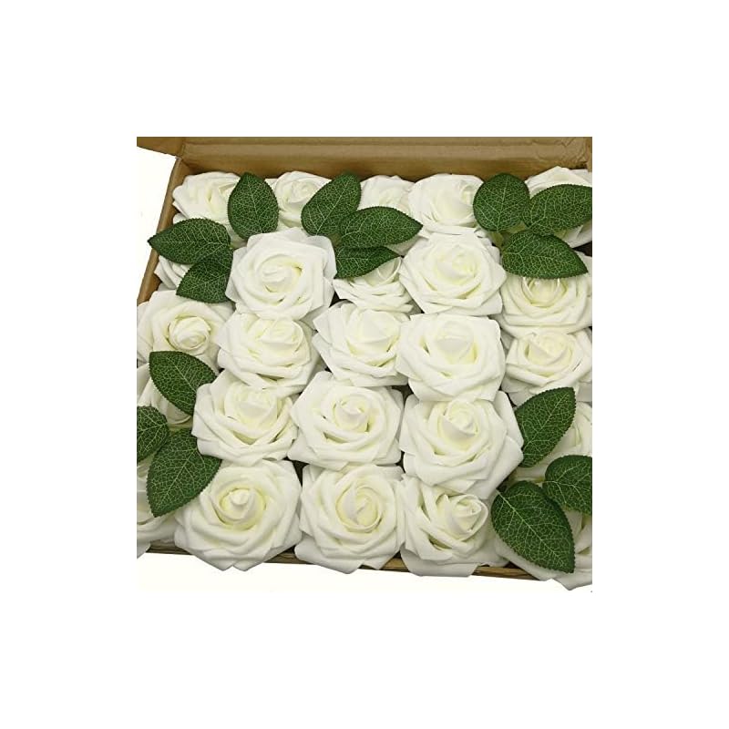 J-Rijzen Artificial Flowers 25PCS Real Looking Ivory Fake Roses with Stem for DIY Wedding Bouquets Centerpieces Party Ba
