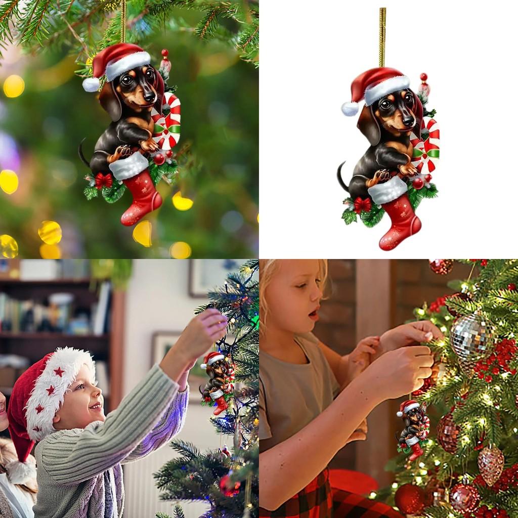 Acrylic Christmas Dachshund Car Pendant With Cute Cartoon Style For Auto Interior Decor