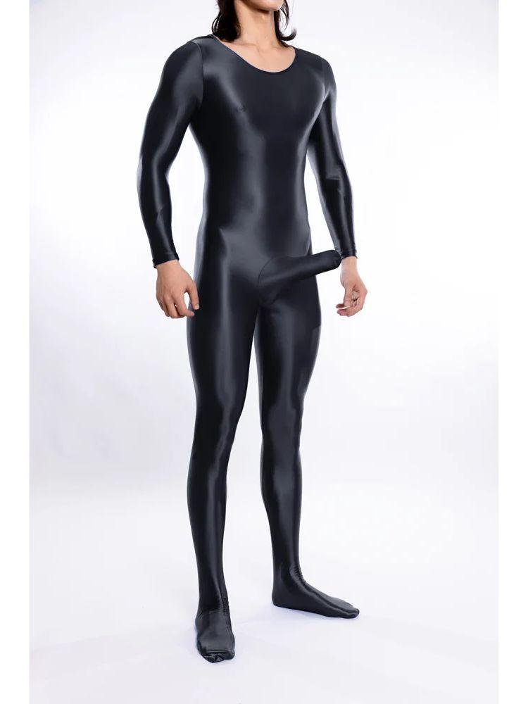 M-XL Glänzender Nylon Catsuit Bodystocking Penis Hülle Bodysuit Strumpfhose Sexy Leotard Einteiliger Unitard Dessous Pyjama Körper