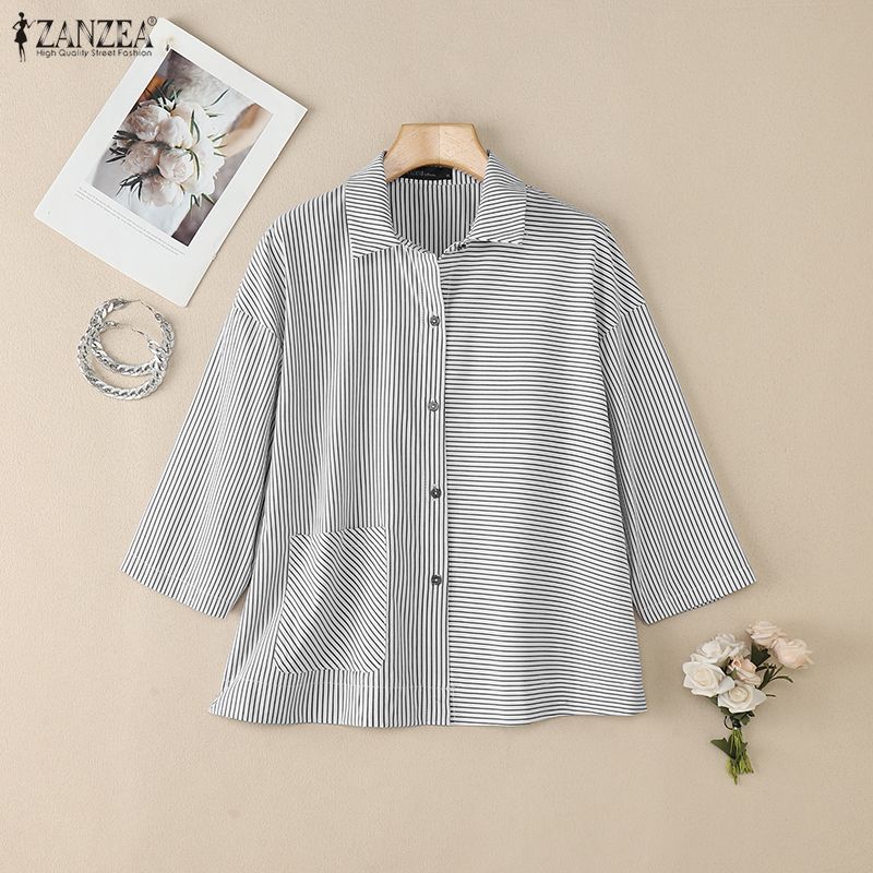 ZANZEA Women Turn Down Collar 3/4 Sleeve Casual Stripe Blouse