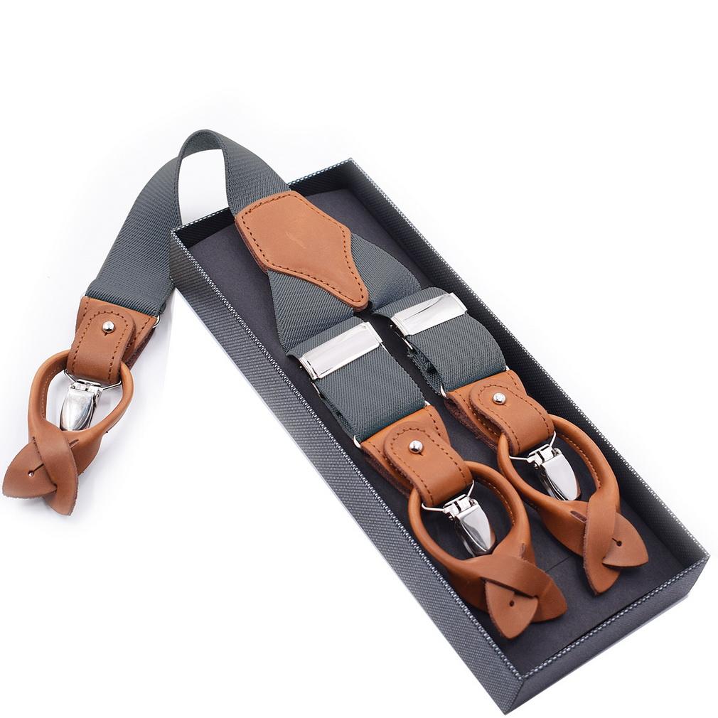 Men 2-in-1 Y-Back Suspenders Elastic 6 Clips Button End Genuine Leather Braces