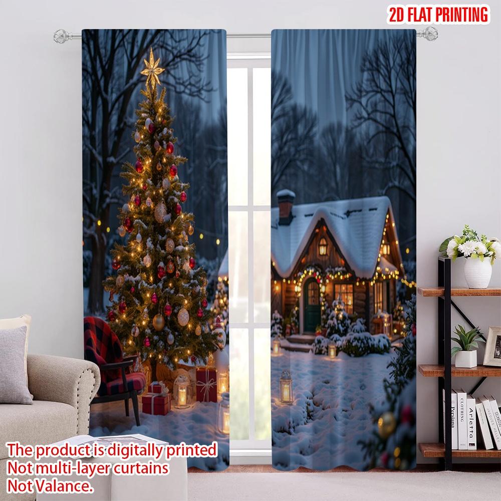 

Flat Printing Christmas Curtain Snowy Eve Polyester Without Electricity Party Holiday Decor Use Curtains Set Of 2 Made W100*H70(CM)-Rod Pocket&2PCS