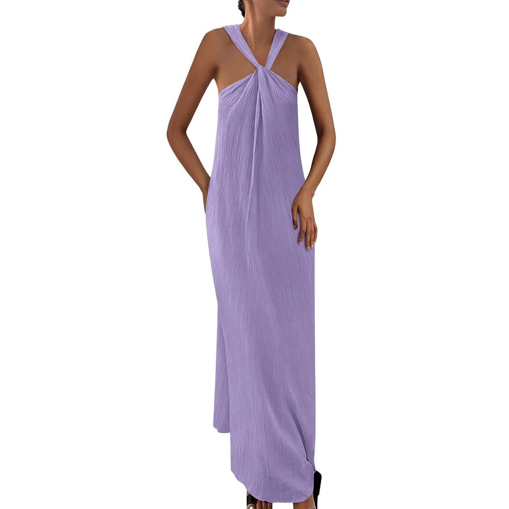 Dámské módní a sexy jednobarevné šaty s výstřihem do V, bez rukávů, na plážovou dovolenou, ležérní