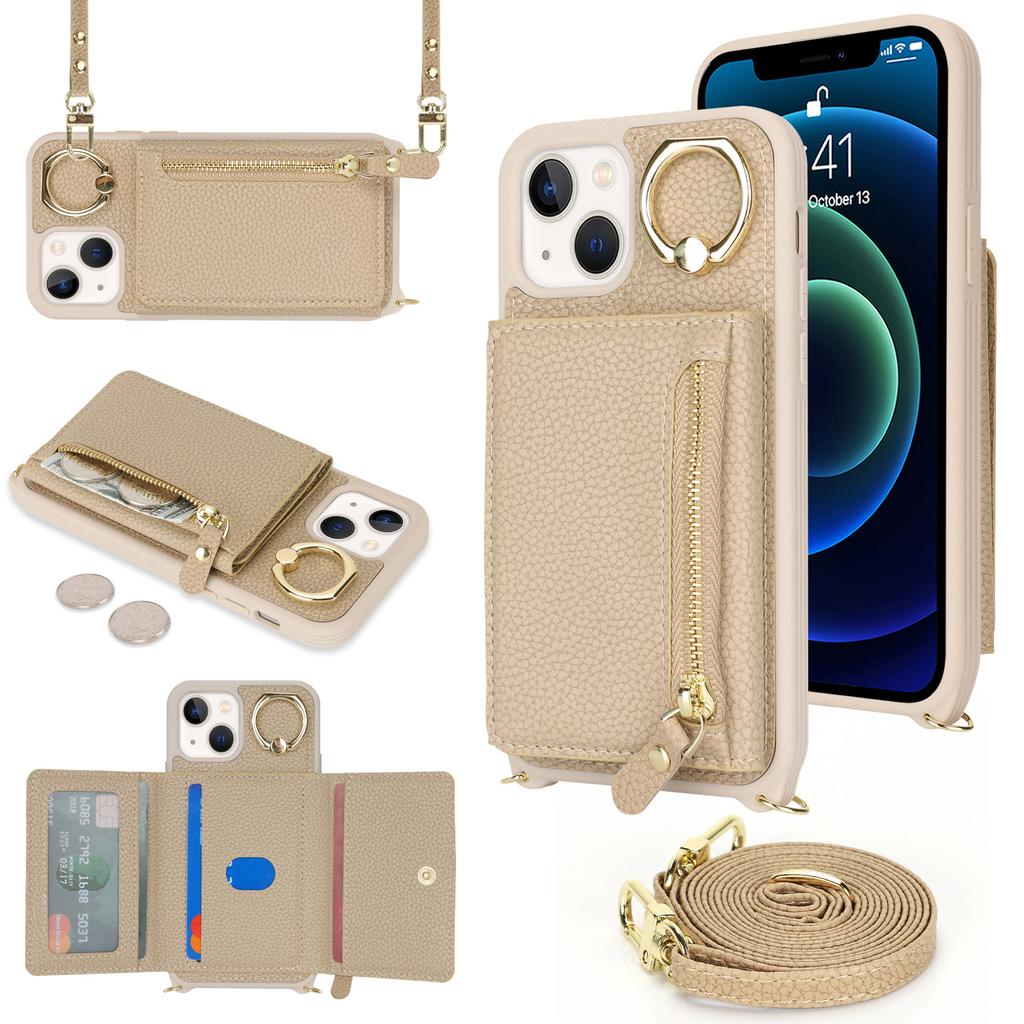 For iPhone 13 Mini Case Card Bag Zipper Pocket Leather+TPU Ring Holder Phone Cover with Long Strap