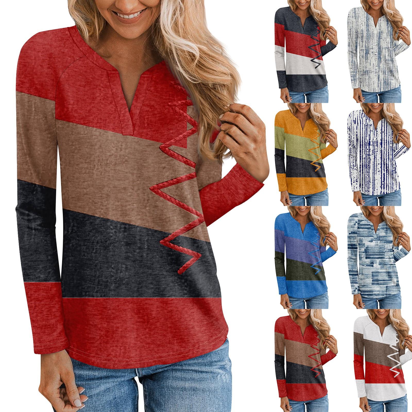 

Women s Fashion Long Sleeve Plunger Sleeve V-Neck Collision Floral Print Casual Top M