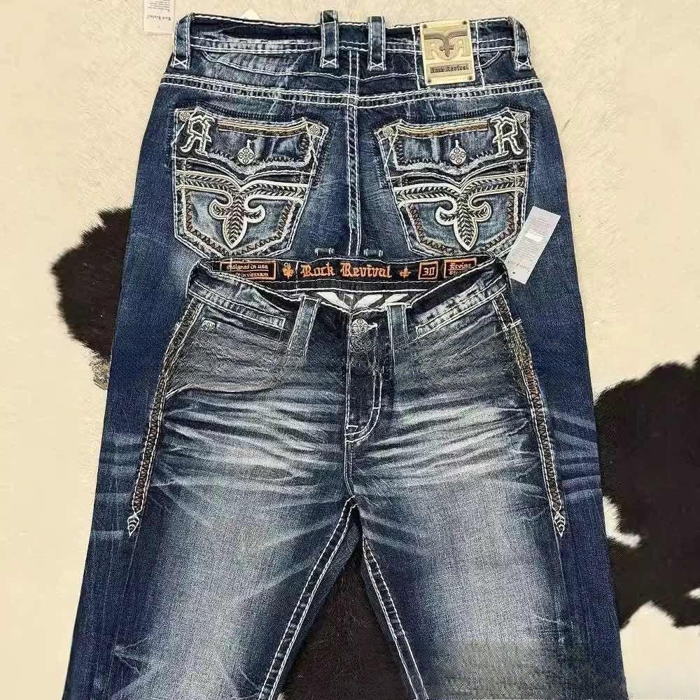 American Retro Slim Flare Jeans Dámské Y2k Harajuku Gothic Vintage Kapsa Vyšívané Modré džínové kalhoty Nízký pas Široké nohavice