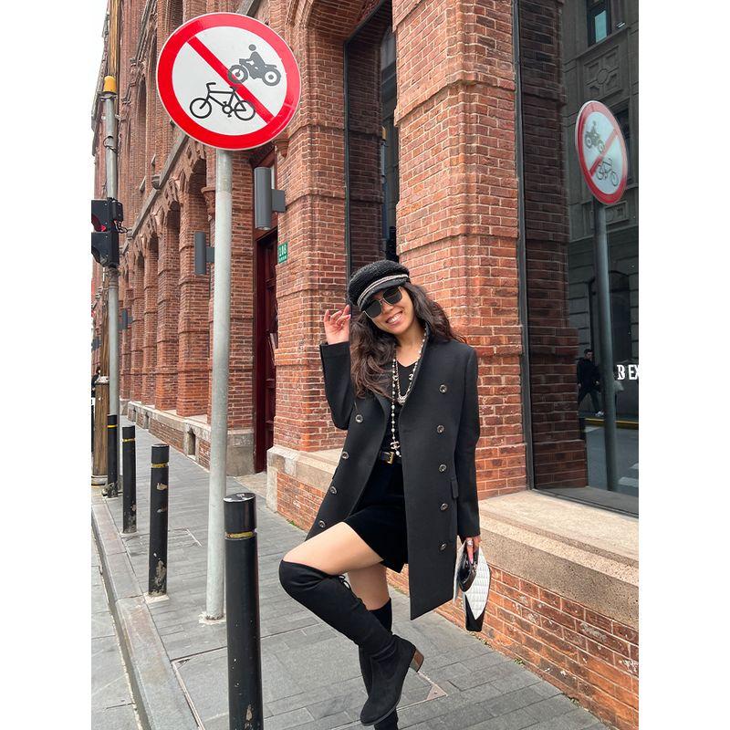 

Blacknini Yin Huafu/ Classic Must Buy Three-in-One Wool Ponte-De-Roma Trench Coat Coat Dress Black M