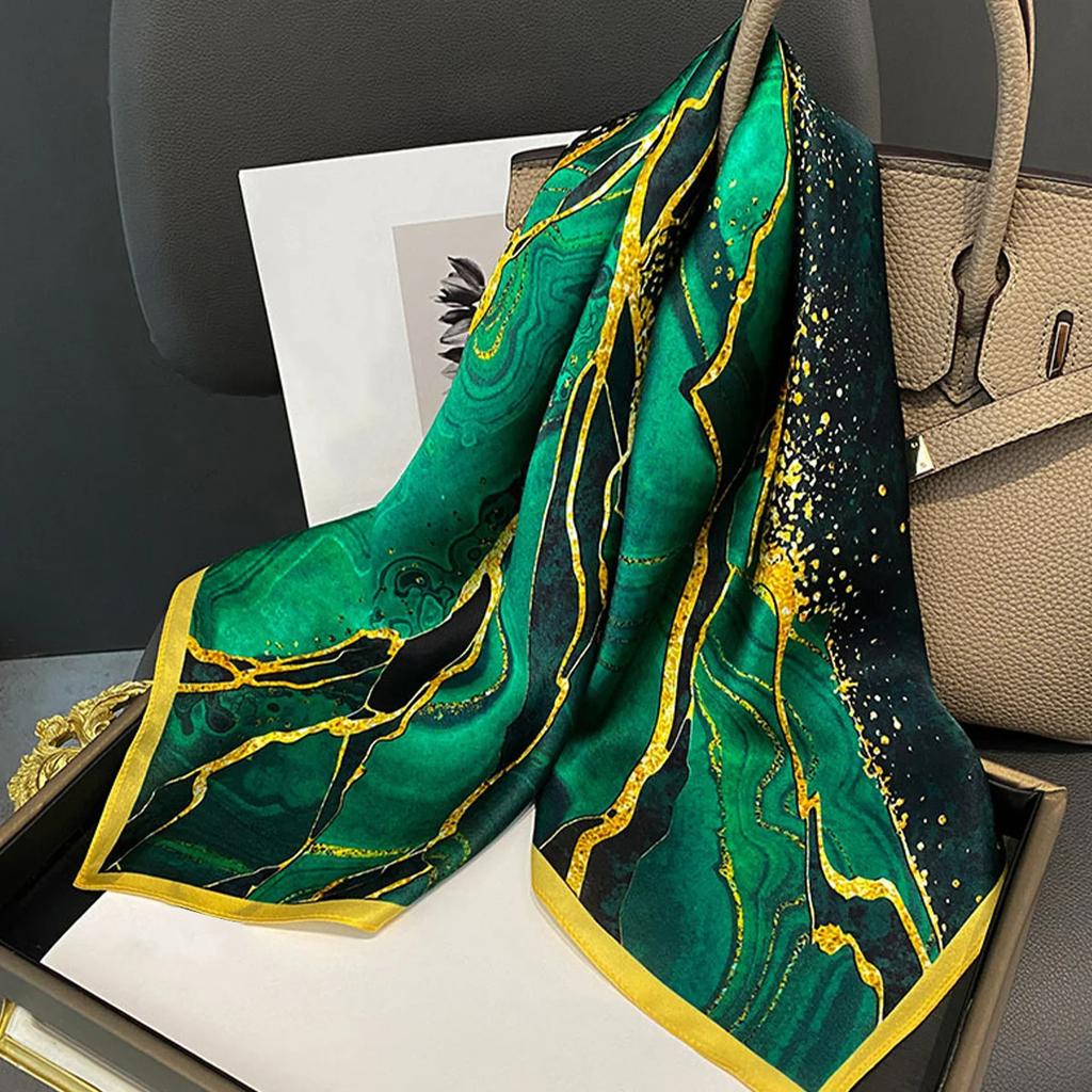 Ciemnozielony Szalik z Nadrukiem Rzeki Vintage Imitacja Jedwabiu Kwadratowy Szalik Bandana Oddychający Nakrycie Głowy Akcesoria do Włosów