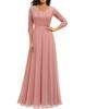 Women's V Neck Three Quarter Sleeve Lace Top Flared Chiffon Maxi Dress Beige