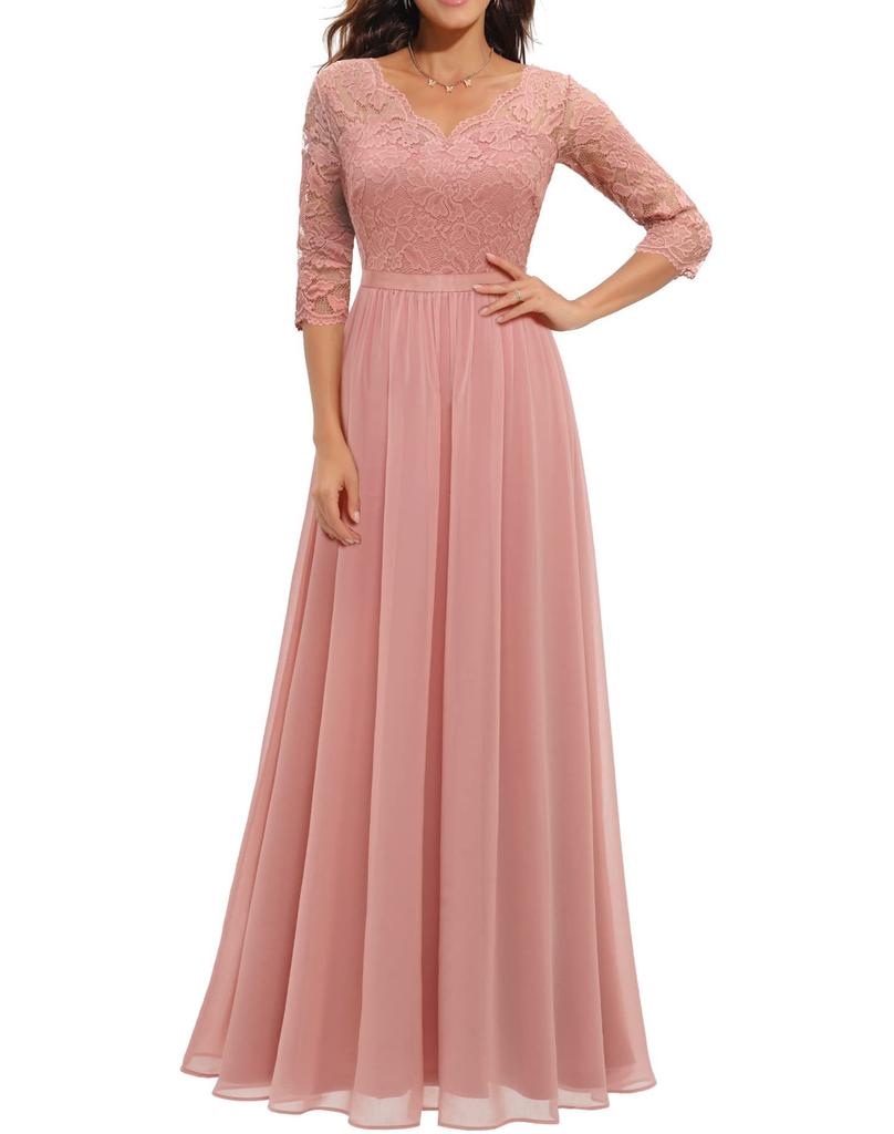 Women's V Neck Three Quarter Sleeve Lace Top Flared Chiffon Maxi Dress Beige