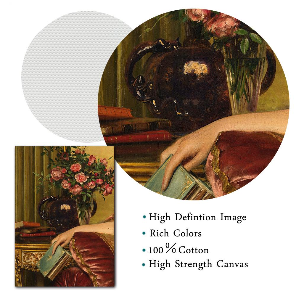 Sitting On The Sofa Reading A Book Eclectic Wall Art Poster Vintage Rose Floral Baroque Oil Painting Picture Living Room Decor