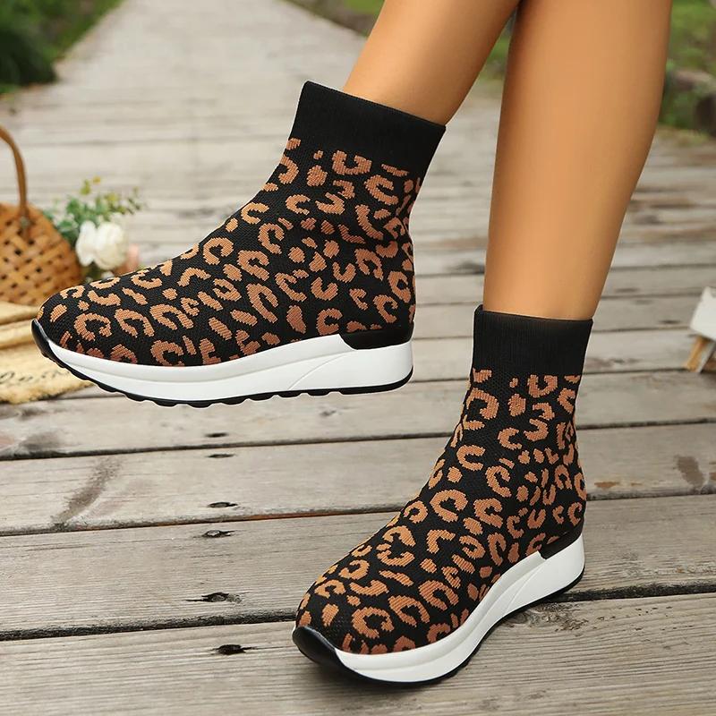 Leopard Printed Knitted Socks Sneakers for Women Breathable Casual Sports Running Shoes Woman Fashion High Top Slip-On Sneakers