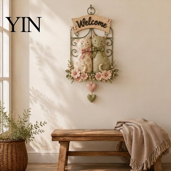Office Space Hanging Decor Floral Cat Couple Welcome Sign, Wooden Wall Ornament, Pastoral Vintage Style Ornament Art Plaque for Living Room Bedroom &