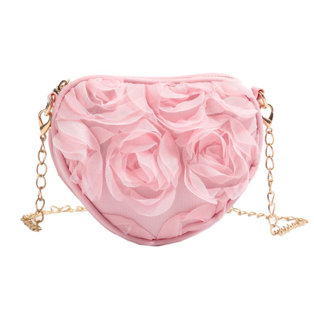 PU Leather Women Heart-shaped Crossbody Bag Large Capacity Lightweight Crossbody Bag Tote Bag Zipper Rose-shaped Chain Bag
