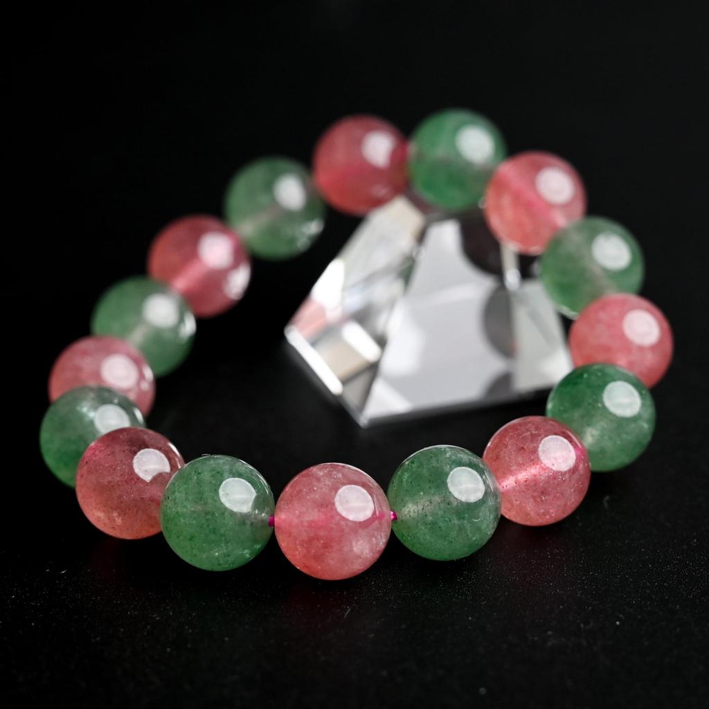 Eigado Strawberry Green Quartz 16 Inner Natural Power Good Luck & Bracelet, Beads, 13mm, Diameter Approx. 17cm, Stone, Stone, Charm,