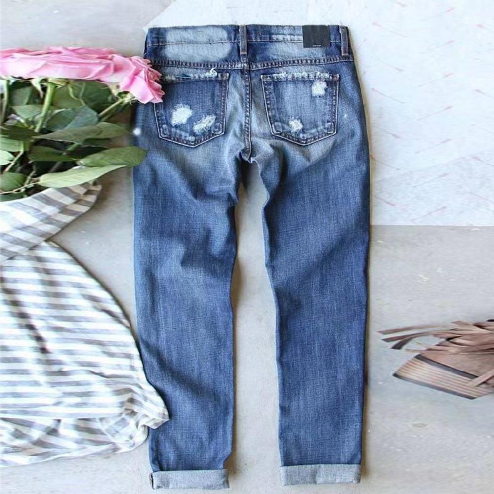 Women's Mid Rise Straight Leg Jeans Loose Fit Buffalo Plaid Patchwork Distressed Cuffed Denim Pants