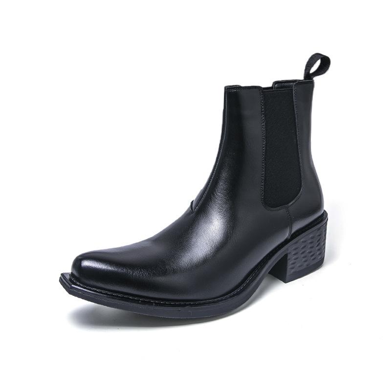 Men's Large Size Pointed Toe Leather Chelsea Boots with Thick Soles and High Heels - British Style Height Increasing Short Boots.