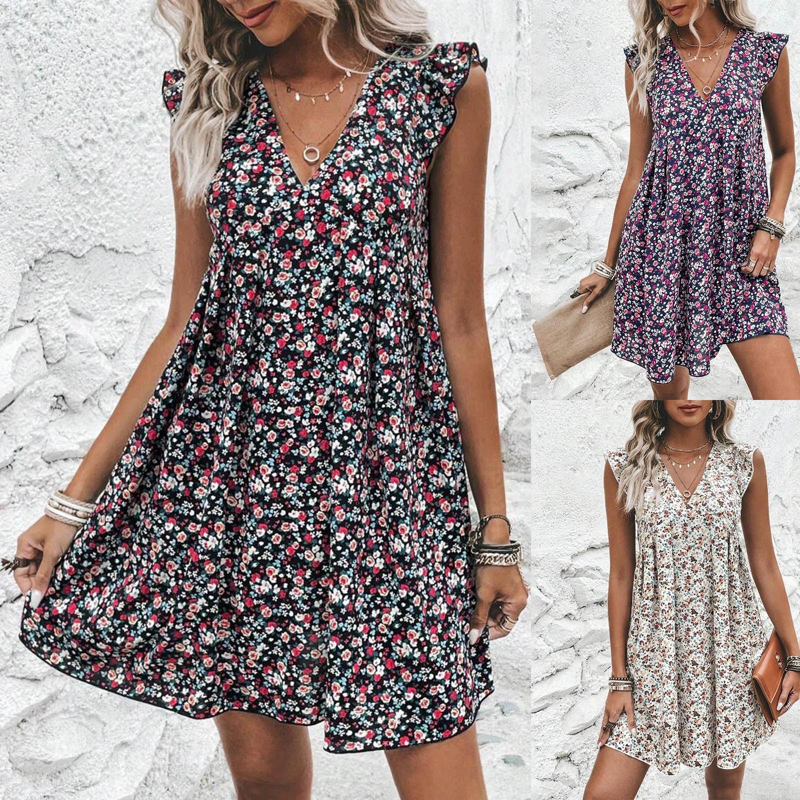 

Женское модное летнее плиссированное платье с цветочным принтом и v-образным вырезом без рукавов и открытой спиной