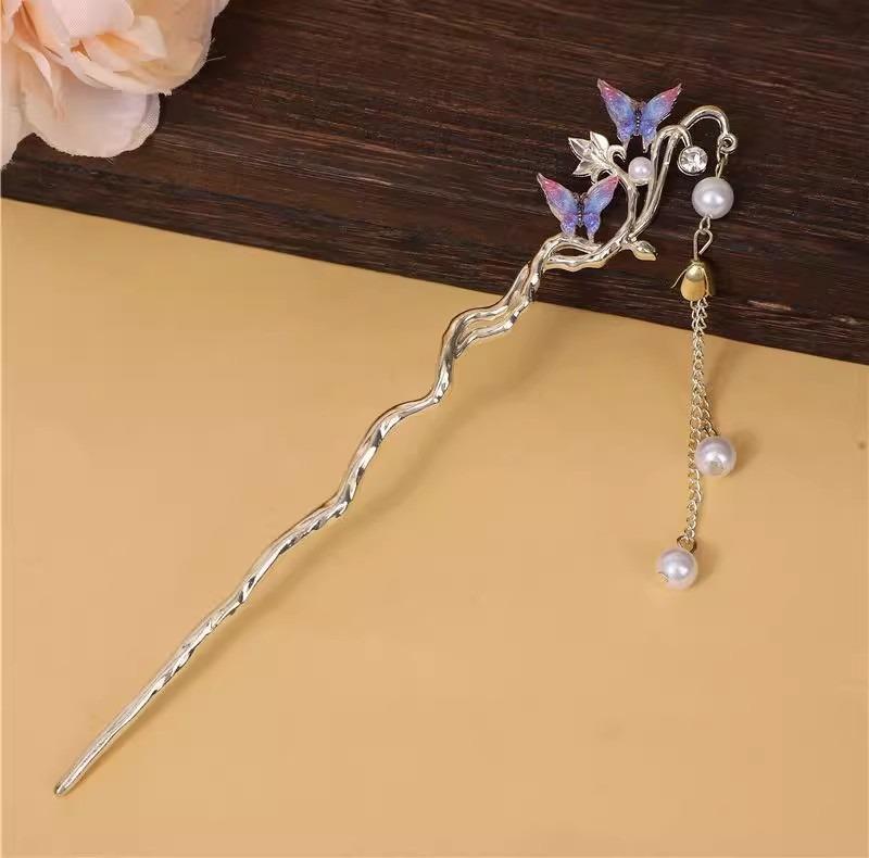Chinese Retro Style Three-dimensional Flower Butterfly Alloy Women's Hairpin Long Tassel Chain Hanfu Updo Hair Clip Headwear