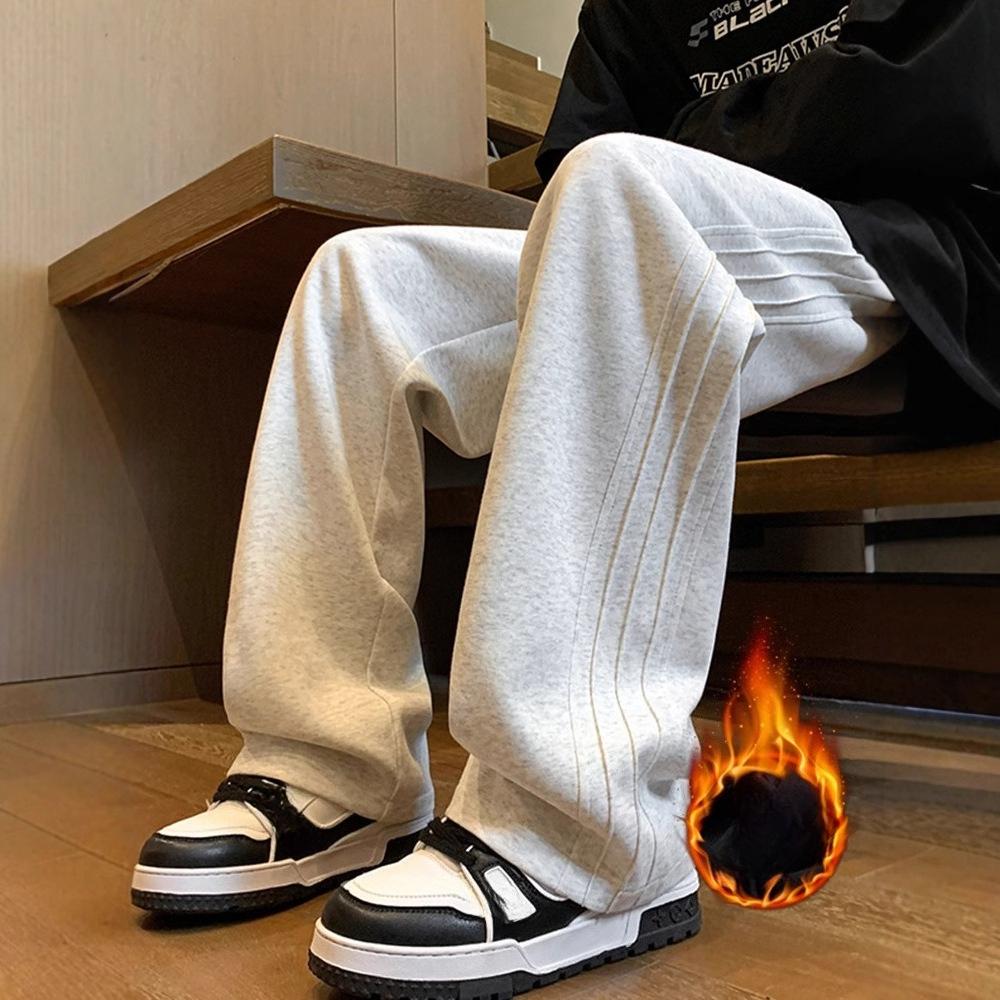 Men's Autumn Winter Fleece Lined Straight Leg Sweatpants Spring Autumn American Style Side Stripe Loose Sports Casual Pants
