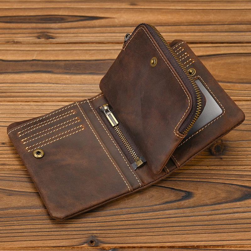 

New retro leather short wallet with zipper change bag snap button wallet Crazy horse leather 20% off multi-card wallet