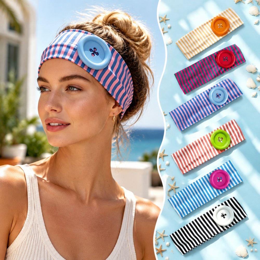 Striped Print Niche Headscarf Dopamine Summer Hairband Large Button Headband Lady Girls Headwear