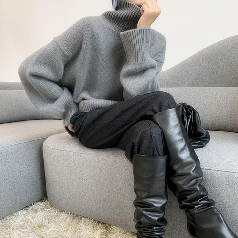 Women S Autumn Winter High Neck Pullover Sweater Loose Fit Casual Lazy Style Solid Color Knit Top