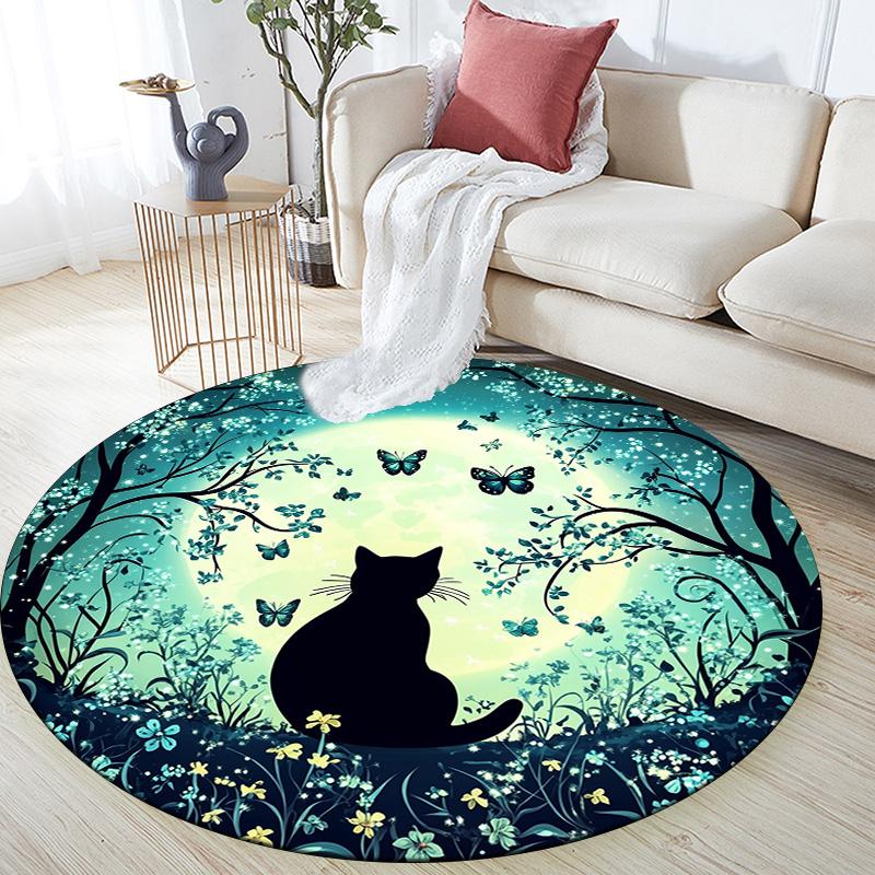 

Moon, Butterfly, and Black Cat Round Area Rug,Carpet Rug for Living Room Bedroom Sofa Playroom Decor,Non-slip Floor Mat 80cmx80cm