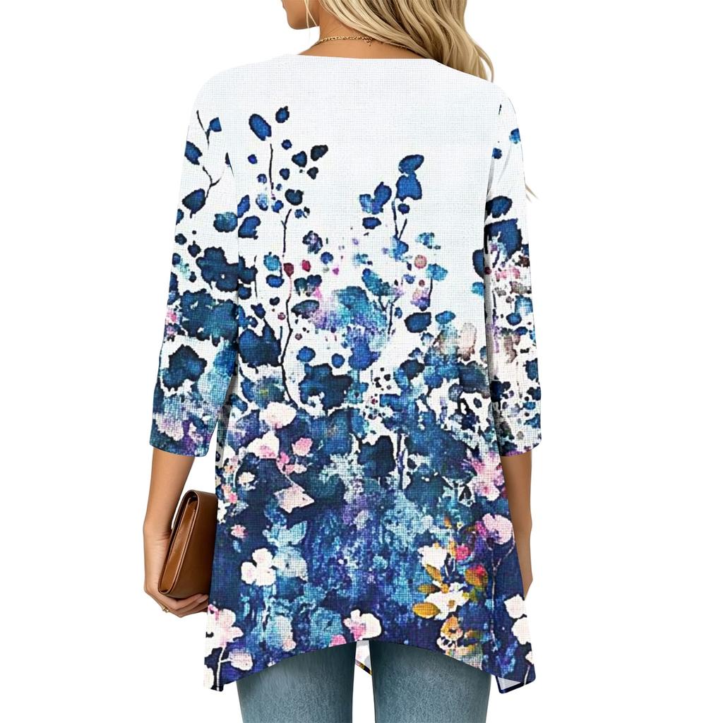 Damen Vintage Cardigan mit Blumendruck, Dreiviertelärm, Lässiger lockerer Schnitt, Leicht für Frühling Sommer