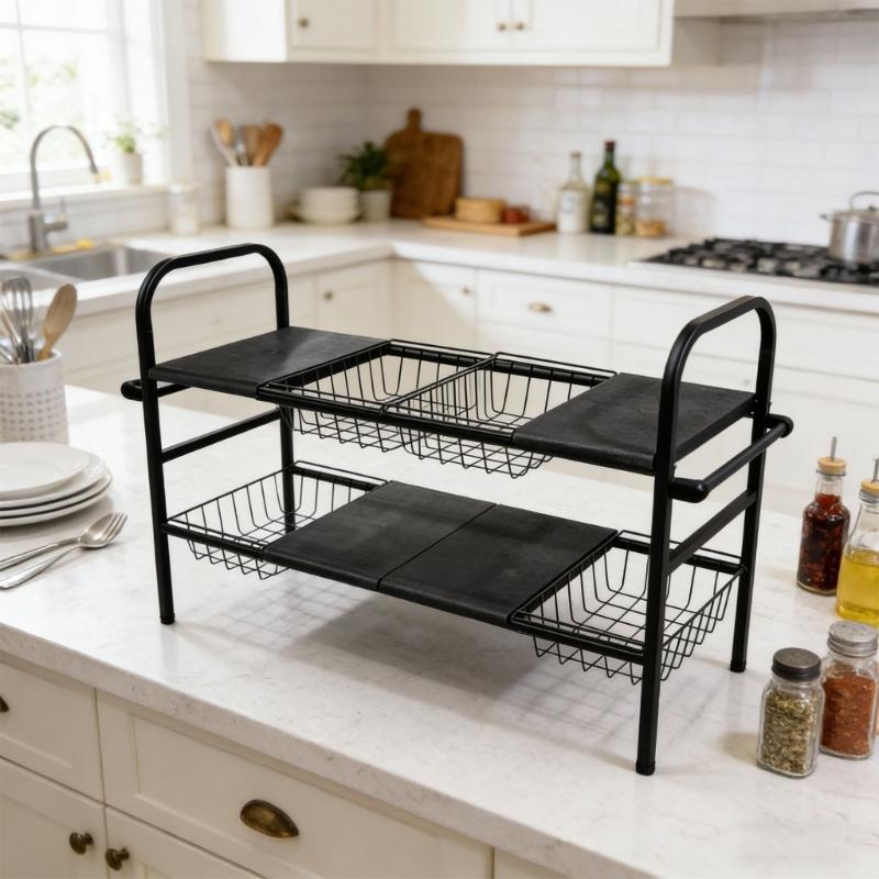 Extendable Two Layer Kitchen Storage Unit With 4 Shelves 4 Baskets Made From Durable Carbon Steel