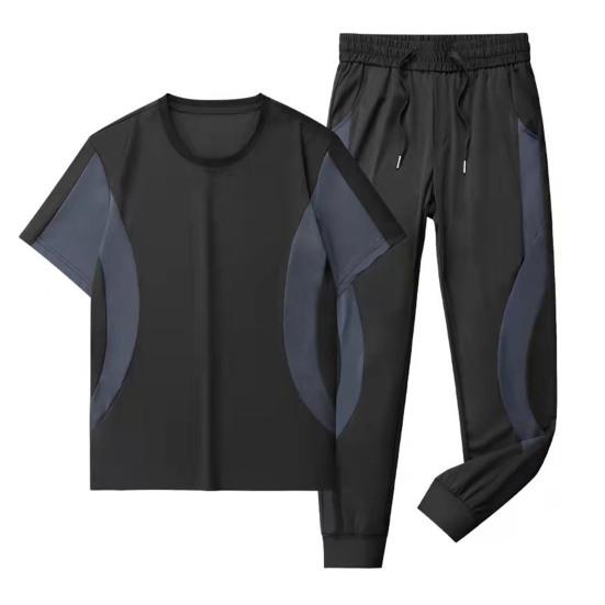 2Pcs/Set O-Neck Short Sleeve Casual Outfit Elastic Waistband Drawstring Pockets Men Patchwork Color T-shirt Jogging Pants Set Streetwear