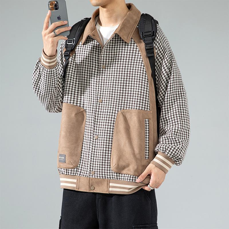 

Spring and autumn new men s Korean houndstooth contrasting deerskin lapel long sleeve jacket fashionable couples all-matching outer 3XL
