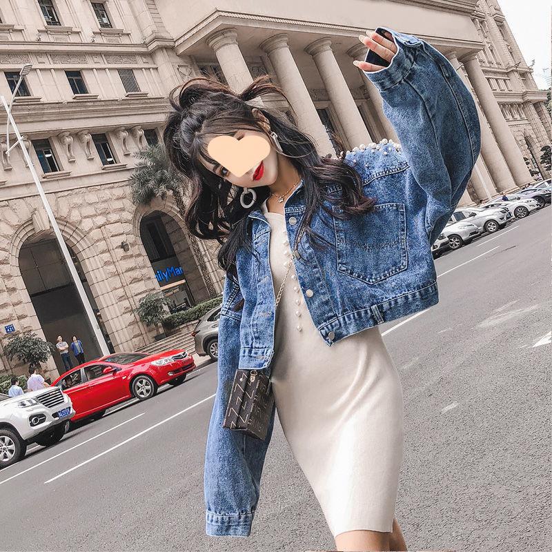 Women Jean Jacket Pearls Beading Spring Autumn Long Sleeve Pockets Denim Jackets Women Loose Outwear Female