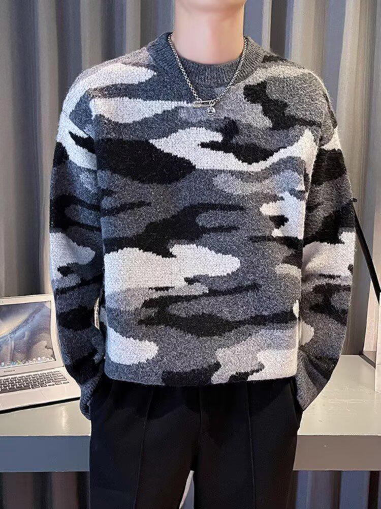 Men’s Autumn/Winter Camouflage Knit Pullover Sweater - Lazy Style, Thick, Trendy Casual Wear