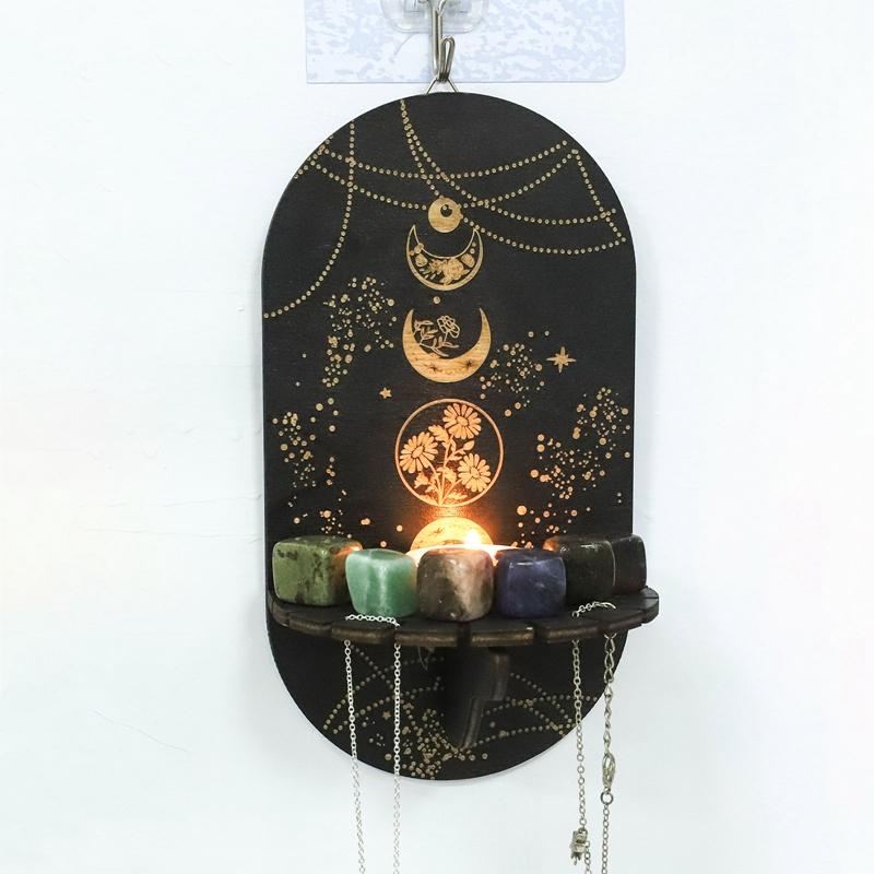 Wooden Black Crystal Display Stand Bohemian Hand Stand Witch Wooden Hanging Bracket Wall Storage Holders Decorative Shelves
