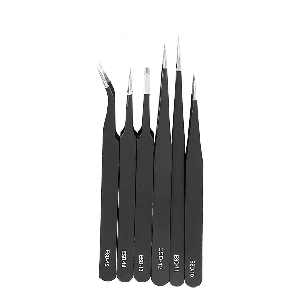 For Watch Jewelry Mobile Phone Electronics Tweezers Set Stainless Steel Anti Static Curved Straight Tip 6Pcs/Set Precision Industrial Repair Tweezers