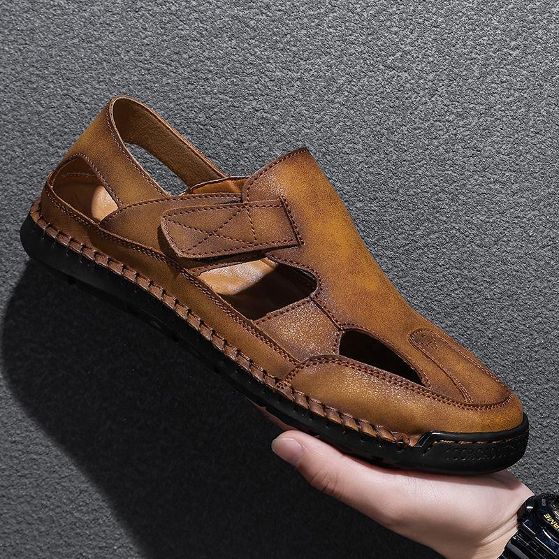 Fashion New Style Men's Sandals Summer Leather Hollow Out Shoes Outdoor Leisure Sports Beach Flats Male Mesh Footwear Wading Aqua Shoes