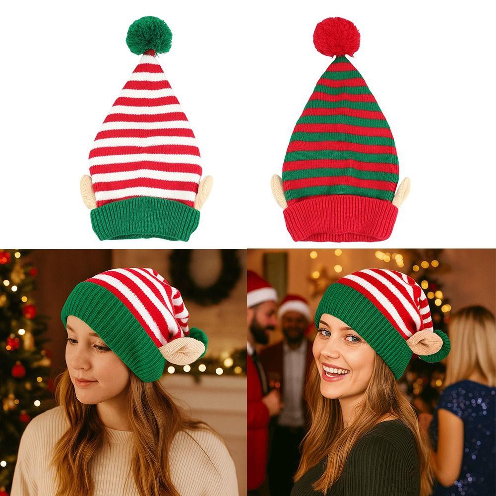 Striped Pattern Christmas Hat with Small Ears Decoration Xmas Cap Jacquard Wool Ball Holiday Knitted Hat New Year