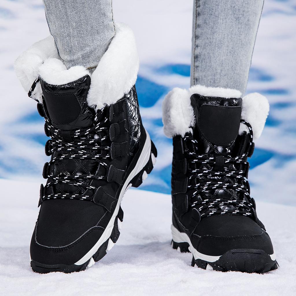 Fashion High-top Boots Women's Fur-lined Snow Boots Warm Cotton Shoes Winter Outdoor Hiking Sneakers Plush Walking Shoes